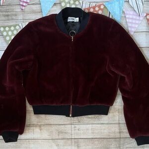 Seek Women's Burgundy Bomber Jacket sz xs cropped furry